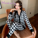 Hnewly Women’s Pajamas Set V Neck Design Luxury Cross Letter Print Sleepwear Silk Like Home