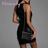 Hnewly Women Sex Slash Neck Hollow Out Dress Backless Spring Fashion Sequin Shiny Sleeveless Party