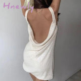Hnewly Women Sex Slash Neck Hollow Out Dress Backless Spring Fashion Sequin Shiny Sleeveless Party