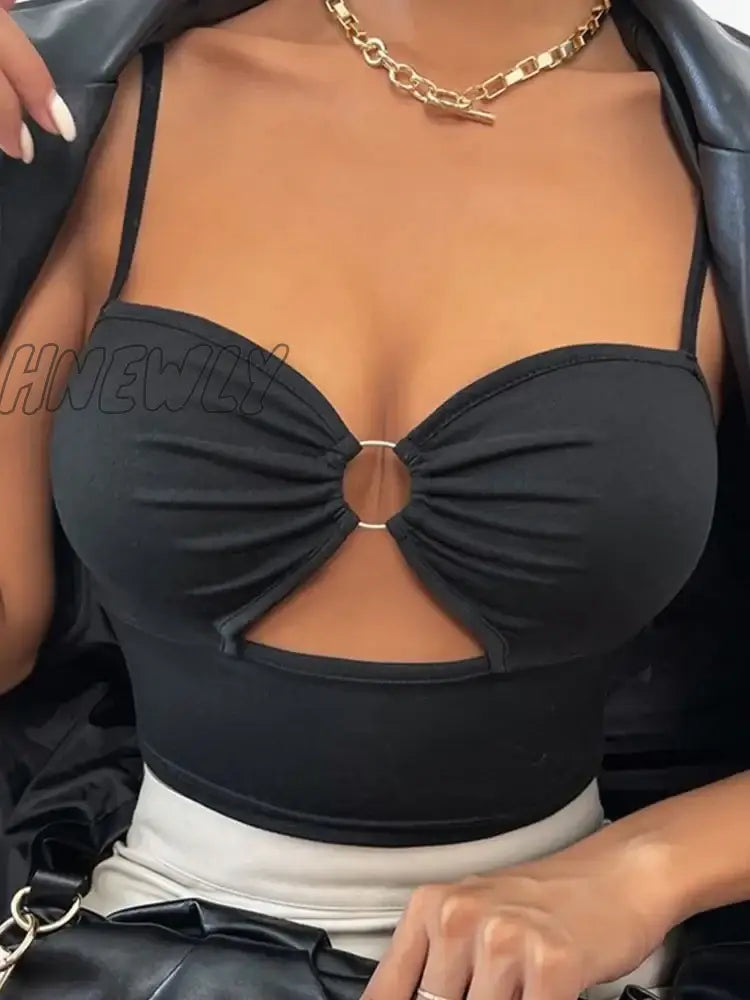 Hnewly Women Sexy Crop Tops Camisole Spaghetti Strap V Neck Cut-Out Round Ring Linked Sleeveless