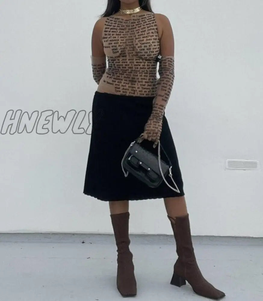 Hnewly Women Sexy Tank Top Letter Print Patchwork Elastic See Through Half Gloves Stretchy Skinny
