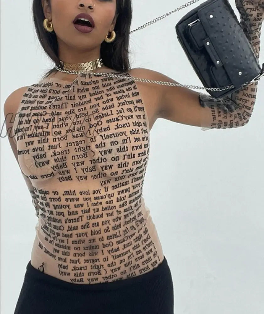 Hnewly Women Sexy Tank Top Letter Print Patchwork Elastic See Through Half Gloves Stretchy Skinny