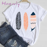 Hnewly Women Short Sleeve Feather 90s Style Fashion Cartoon Summer Graphic T Top Lady Print Tee Female Tshirts Clothes T-Shirt