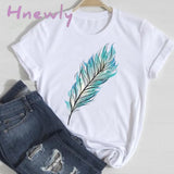 Hnewly Women Short Sleeve Feather 90S Style Fashion Cartoon Summer Graphic T Top Lady Print Tee
