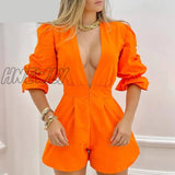 Hnewly Women Solid Casual Puff Sleeve Deep V Neck Zipper Asymmetrical Sexy Rompers