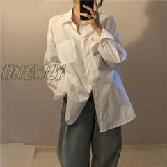 Hnewly Women Solid White Blouses Simple Casual Shirts Oversize 4Xl Turn - Down Collar Pockets Basic