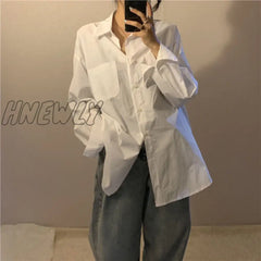 Hnewly Women Solid White Blouses Simple Casual Shirts Oversize 4Xl Turn - Down Collar Pockets Basic