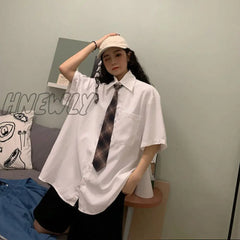 Hnewly Women Solid White Blouses Simple Casual Shirts Oversize 4Xl Turn - Down Collar Pockets Basic