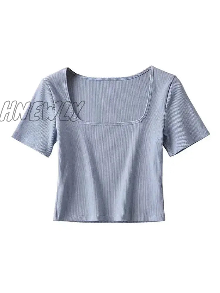 Hnewly Women Square Neck Rib Crop T-Shirt Short Sleeve Top