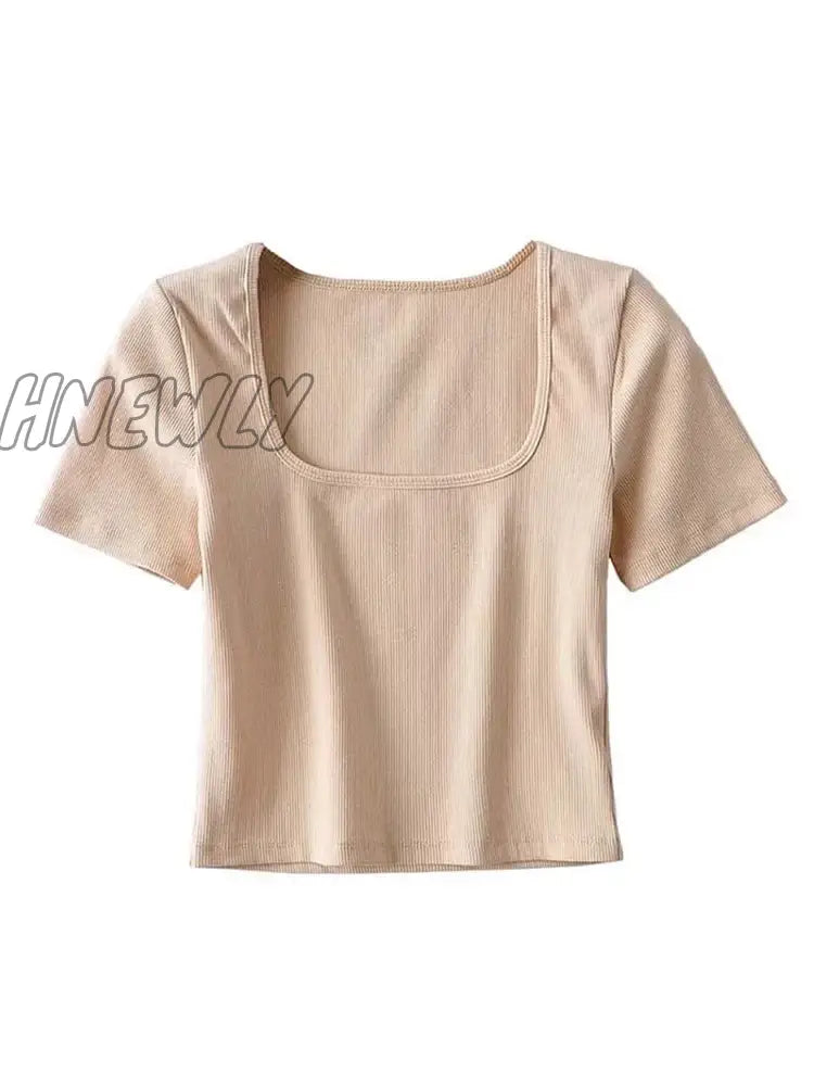 Hnewly Women Square Neck Rib Crop T-Shirt Short Sleeve Top