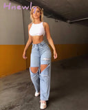 Hnewly Women Straight Leg Ripped Baggy Jeans Classic Washed Frayed Distressed Mid Rise Denim Pants Wide Leg Slim Y2k Trousers Jeans