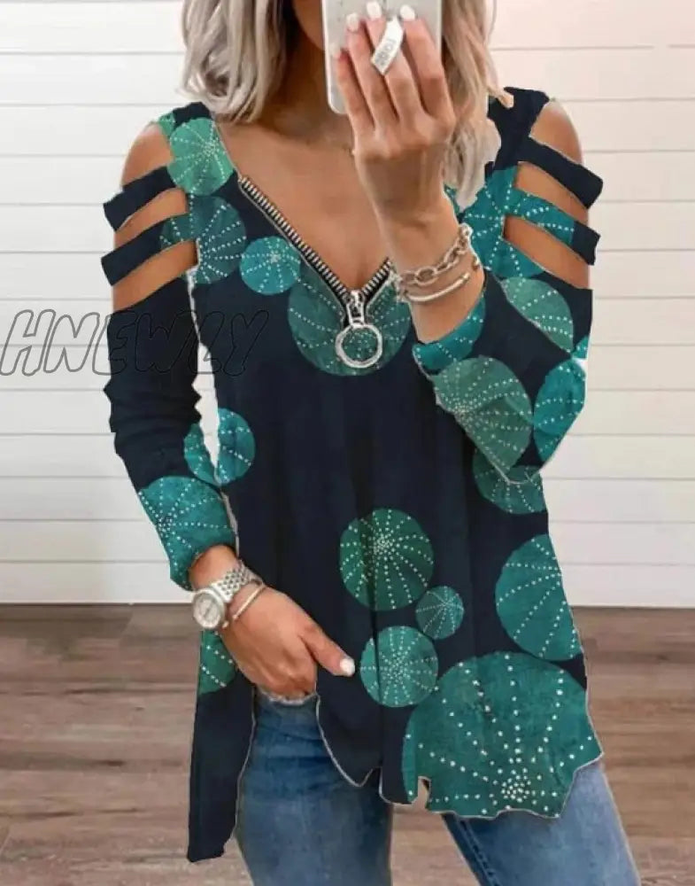 Hnewly Women Strapless V Neck Print Sexy Deep Low Cut Tops Blouse Shirt Out Zipper Long Sleeve