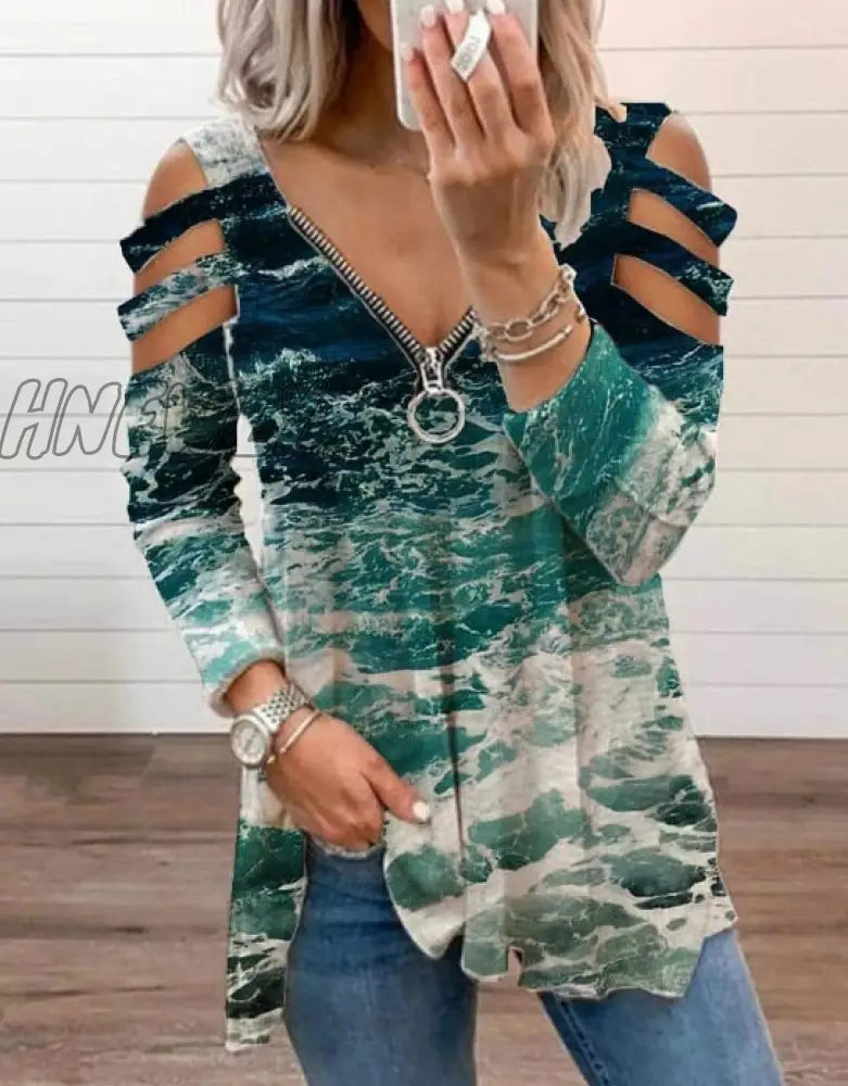 Hnewly Women Strapless V Neck Print Sexy Deep Low Cut Tops Blouse Shirt Out Zipper Long Sleeve