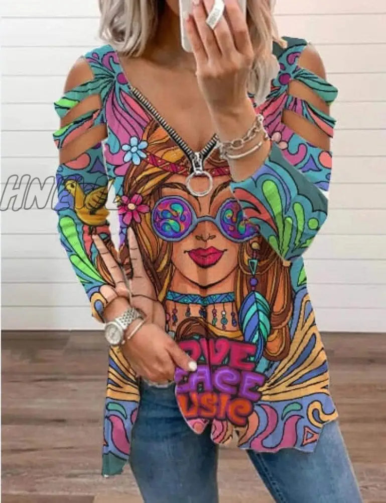 Hnewly Women Strapless V Neck Print Sexy Deep Low Cut Tops Blouse Shirt Out Zipper Long Sleeve
