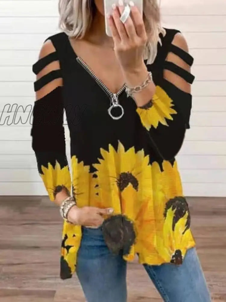 Hnewly Women Strapless V Neck Print Sexy Deep Low Cut Tops Blouse Shirt Out Zipper Long Sleeve