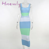 Hnewly Women Stripe Knitted Backless Sexy Bodycon Dress Bandage Contrast Color Spaghetti Strap Long