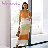 Hnewly Women Stripe Knitted Backless Sexy Bodycon Dress Bandage Contrast Color Spaghetti Strap Long