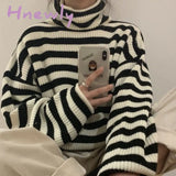 Hnewly Women Stripes Sweater Harajuku Winter Vintage Thickening Loose Warm Turtleneck Trendy Teen