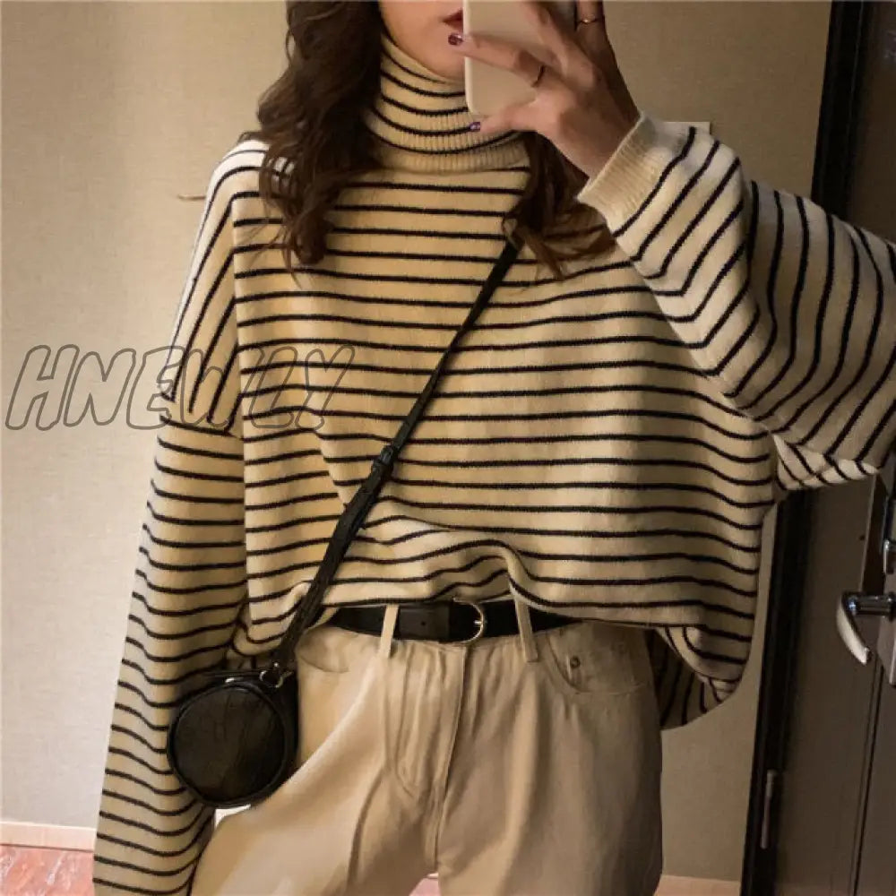 Hnewly Women Stripes Sweater Harajuku Winter Vintage Thickening Loose Warm Turtleneck Trendy Teen