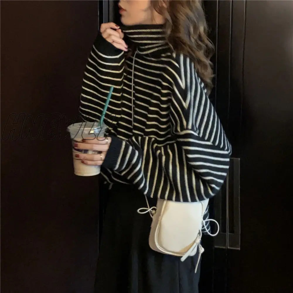 Hnewly Women Stripes Sweater Harajuku Winter Vintage Thickening Loose Warm Turtleneck Trendy Teen