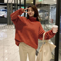 Hnewly Women Stripes Sweater Harajuku Winter Vintage Thickening Loose Warm Turtleneck Trendy Teen