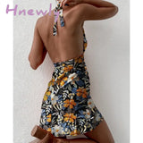 Hnewly Women Summer Floral Print Sleeveless Halter Neck Mini Dress Boho Deep V Backless A Line