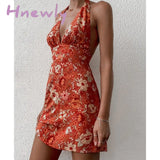 Hnewly Women Summer Floral Print Sleeveless Halter Neck Mini Dress Boho Deep V Backless A Line
