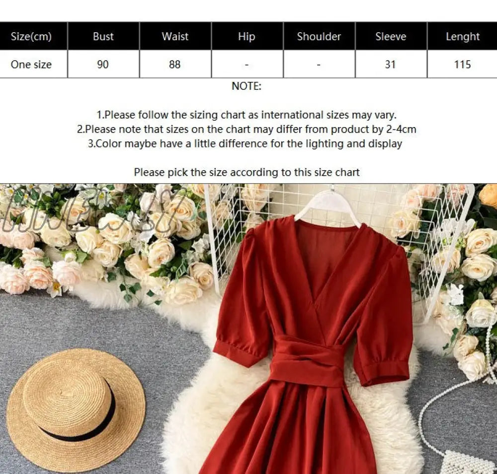 Hnewly Women Summer Midi French Dress Sweet V - Neck Puff Sleeve High Waist Elegant Solid Woman