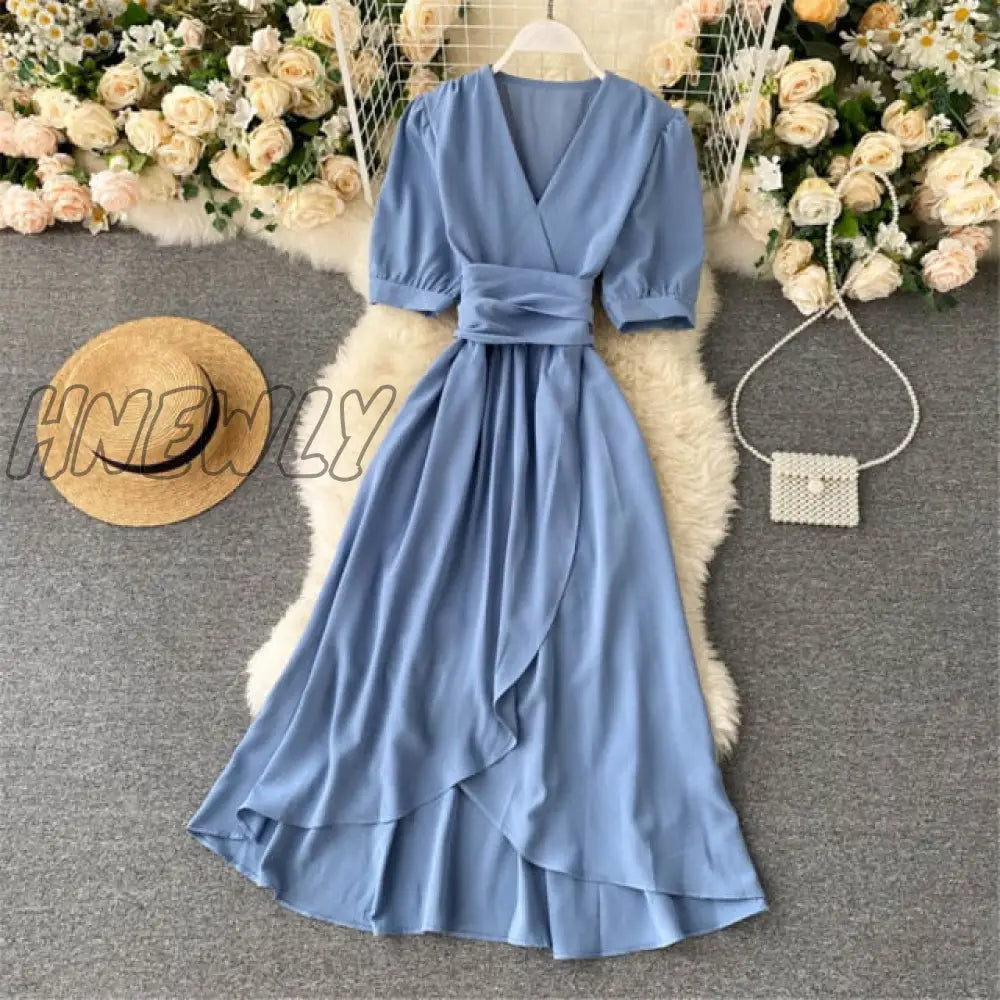 Hnewly Women Summer Midi French Dress Sweet V - Neck Puff Sleeve High Waist Elegant Solid Woman
