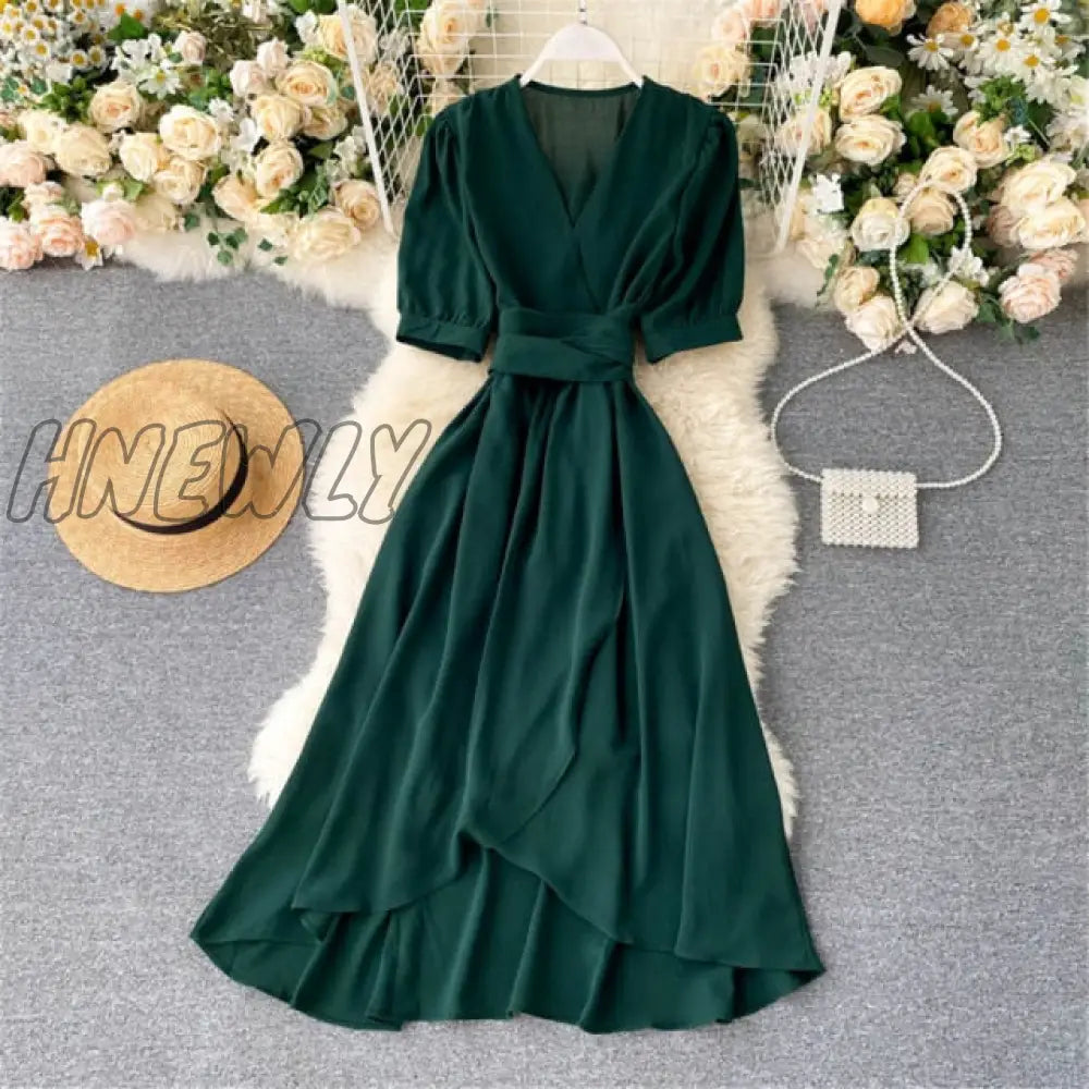 Hnewly Women Summer Midi French Dress Sweet V - Neck Puff Sleeve High Waist Elegant Solid Woman