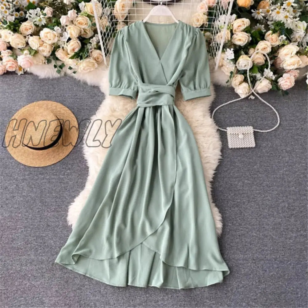 Hnewly Women Summer Midi French Dress Sweet V - Neck Puff Sleeve High Waist Elegant Solid Woman