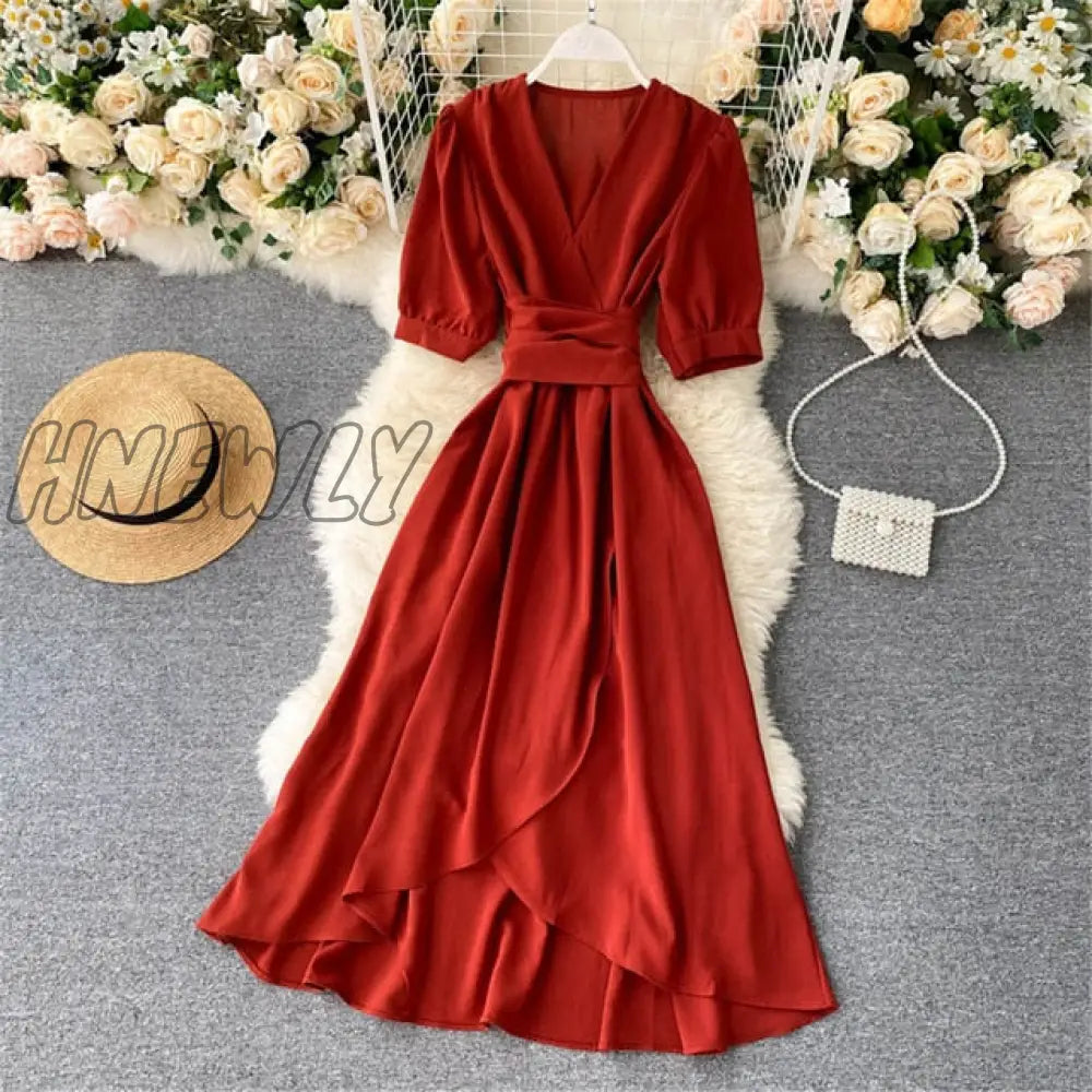 Hnewly Women Summer Midi French Dress Sweet V - Neck Puff Sleeve High Waist Elegant Solid Woman
