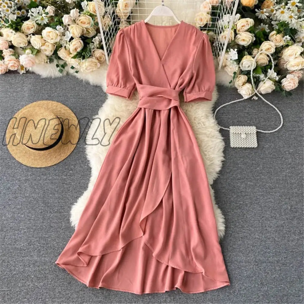 Hnewly Women Summer Midi French Dress Sweet V - Neck Puff Sleeve High Waist Elegant Solid Woman