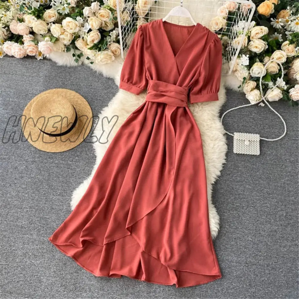 Hnewly Women Summer Midi French Dress Sweet V - Neck Puff Sleeve High Waist Elegant Solid Woman