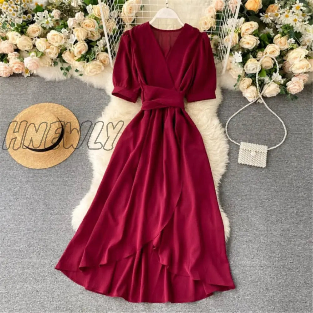 Hnewly Women Summer Midi French Dress Sweet V - Neck Puff Sleeve High Waist Elegant Solid Woman