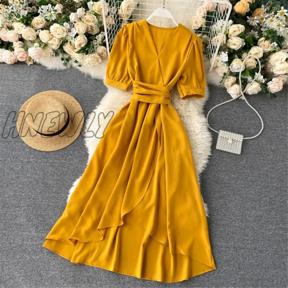 Hnewly Women Summer Midi French Dress Sweet V - Neck Puff Sleeve High Waist Elegant Solid Woman