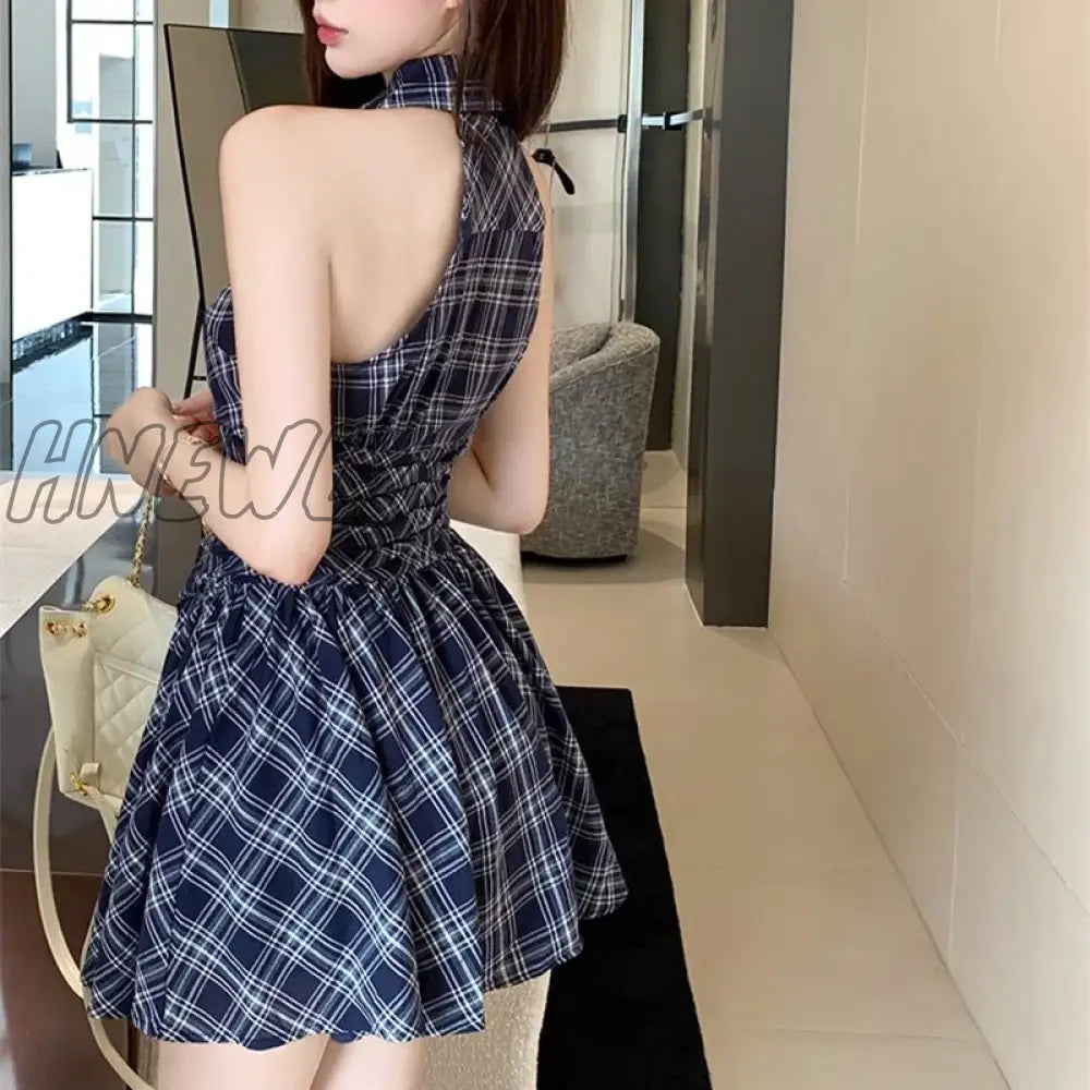 Hnewly Women Summer Plaid Sleeveless Mini Shirt Dress