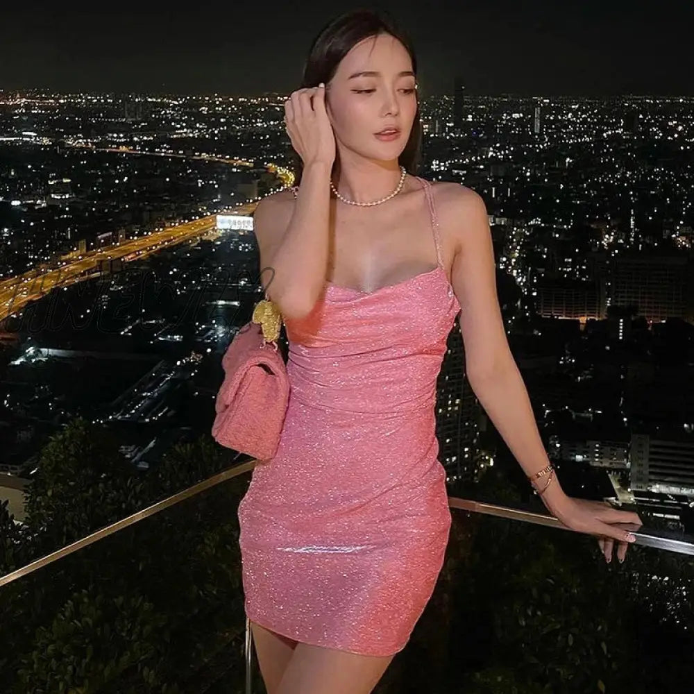 Hnewly Women Summer Skinny Solid Waist Slim Mini Dress Shiny Sleeveless Sexy Spaghetti Strap