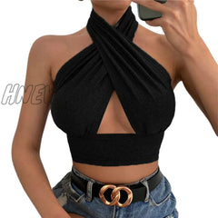 Hnewly Women Summer Tank Tops Sexy Solid Color Cross Halter Neck Sleeveless Backless Close -
