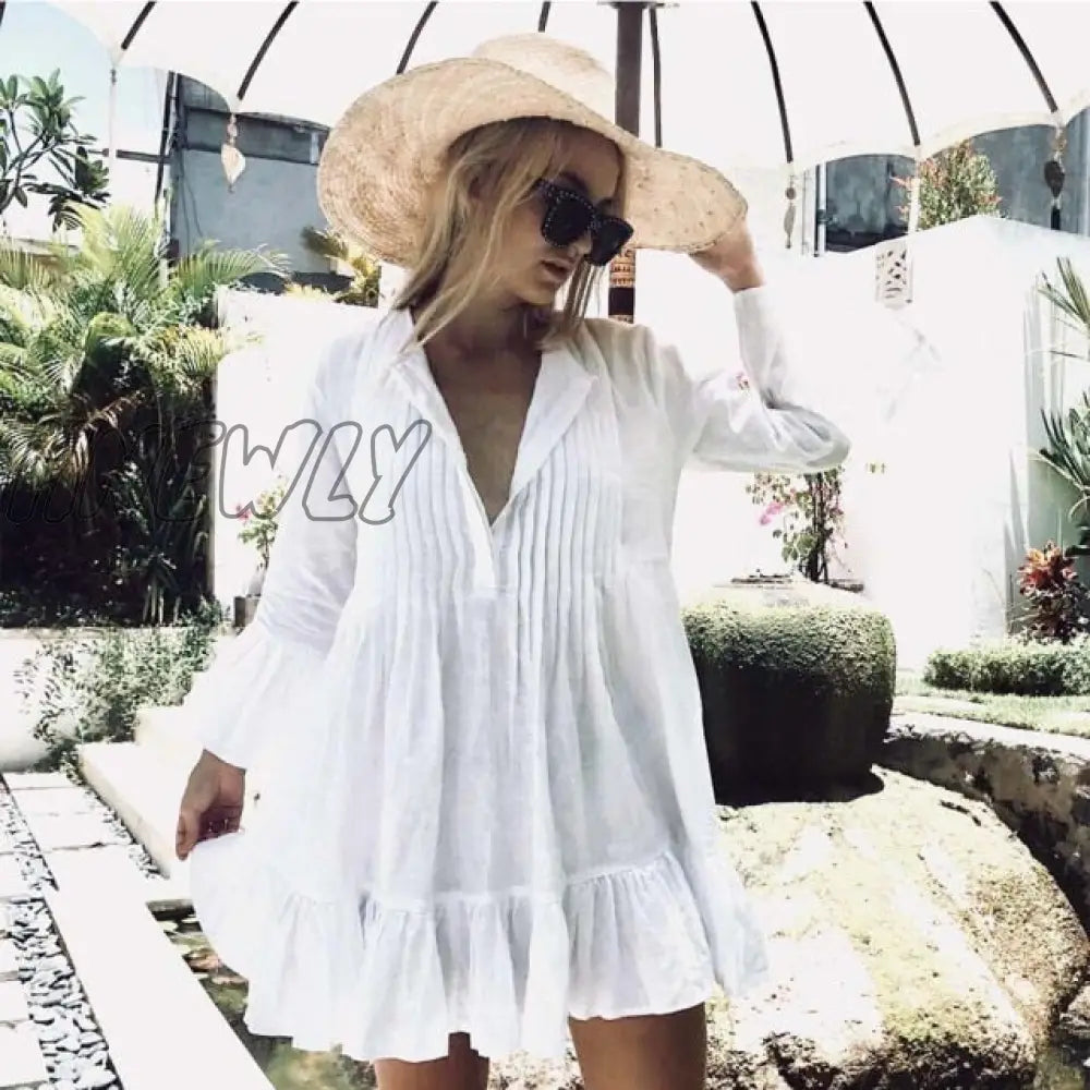 Hnewly Women Swimsuit Cover Up Sleeve Kaftan Beach Tunic Dress Robe De Plage Solid White Cotton