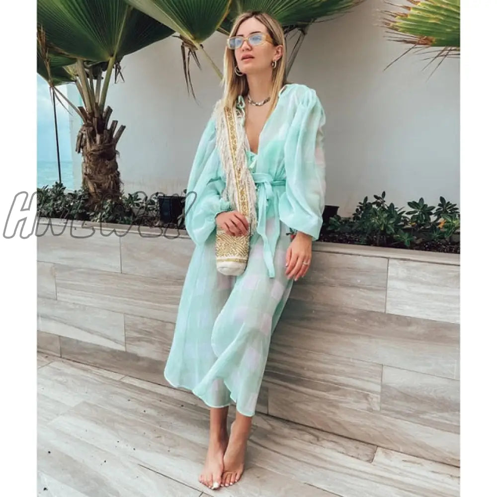 Hnewly Women Swimsuit Cover Up Sleeve Kaftan Beach Tunic Dress Robe De Plage Solid White Cotton