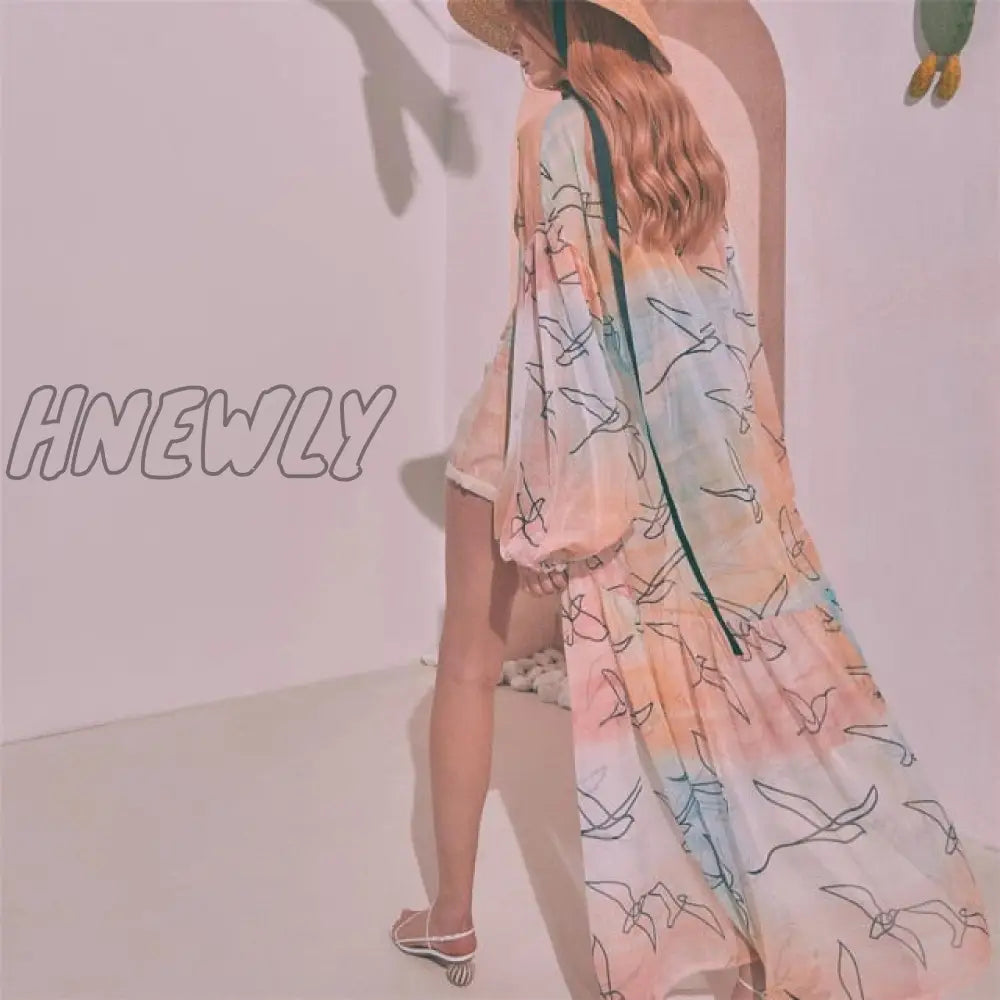 Hnewly Women Swimsuit Cover Up Sleeve Kaftan Beach Tunic Dress Robe De Plage Solid White Cotton