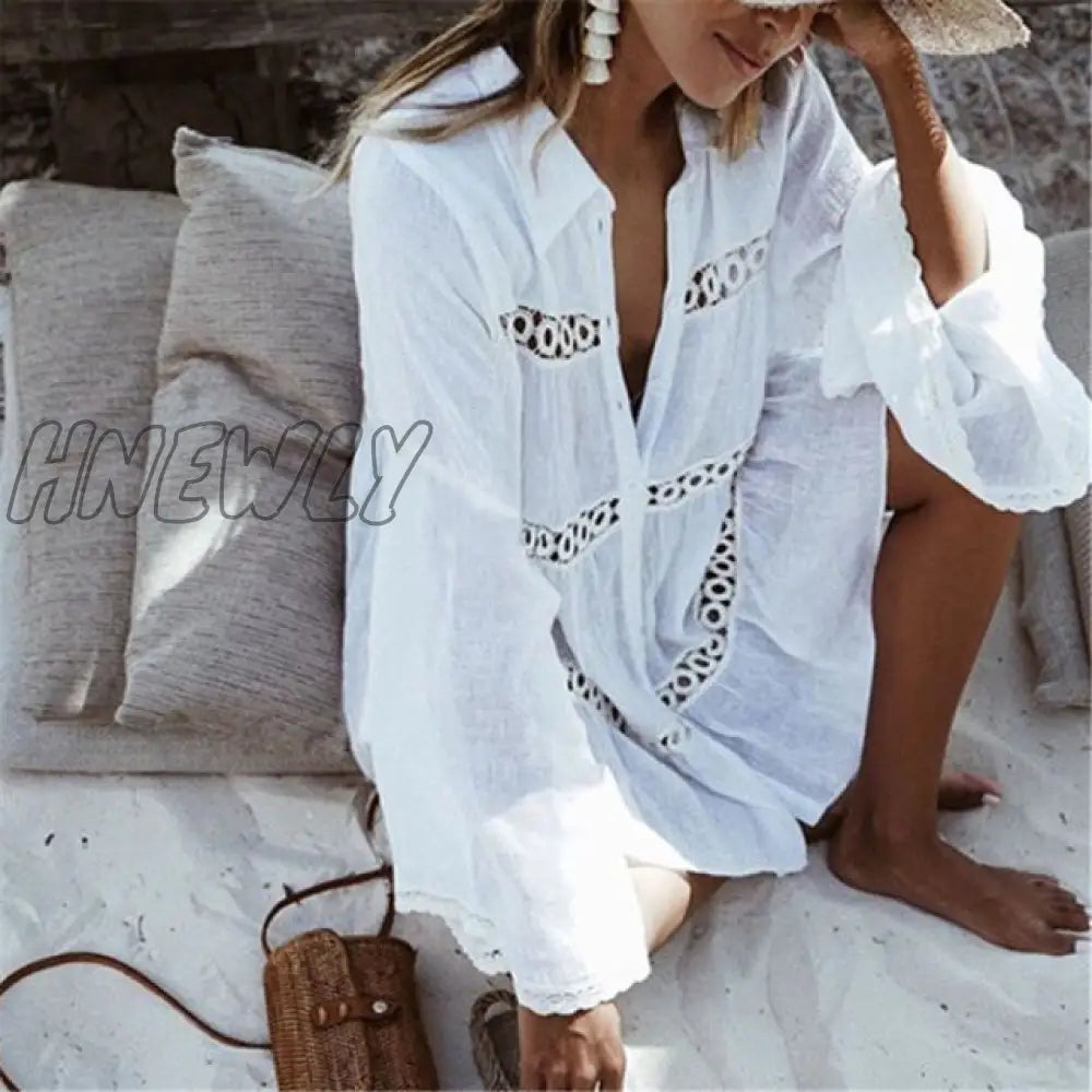 Hnewly Women Swimsuit Cover Up Sleeve Kaftan Beach Tunic Dress Robe De Plage Solid White Cotton