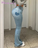 Hnewly Women Trumpet Jeans Slim Sexy Love Print Denim Horn Trousers Y2K High Waist Casual Flared