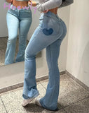 Hnewly Women Trumpet Jeans Slim Sexy Love Print Denim Horn Trousers Y2K High Waist Casual Flared