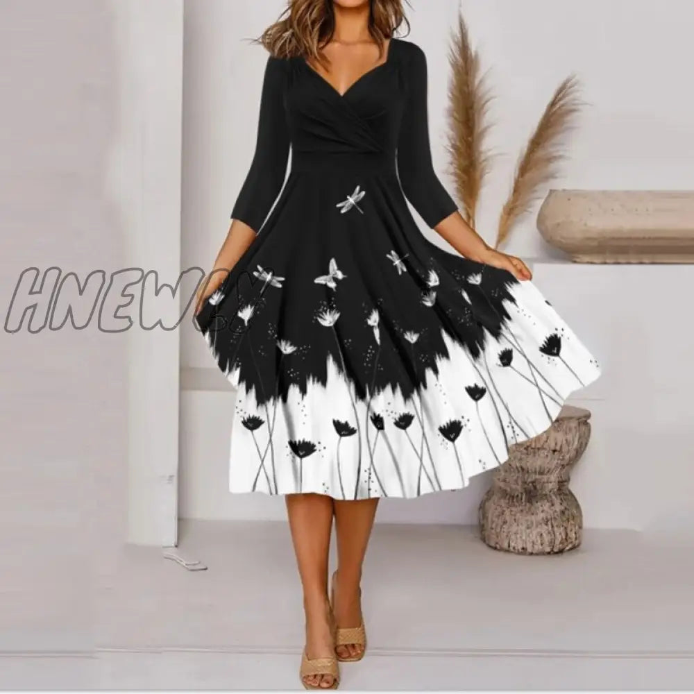 Hnewly Women V Neck Black White Print Classic Dress Lady Autumn Long Sleeve Slim Party Elegant