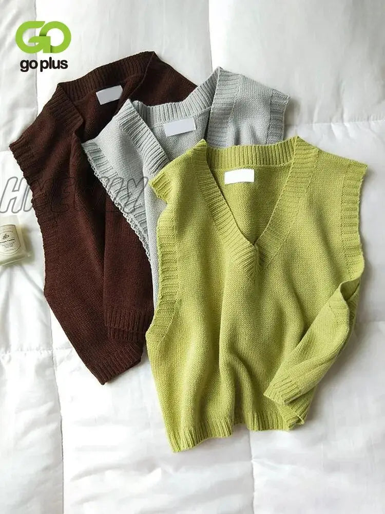 Hnewly Women V-Neck Knitted Vest New Spring Autumn Sweater Vests Short Female Casual Sleeveless