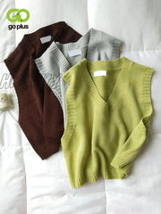 Hnewly Women V-Neck Knitted Vest New Spring Autumn Sweater Vests Short Female Casual Sleeveless