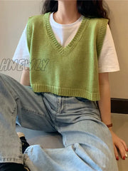 Hnewly Women V-Neck Knitted Vest New Spring Autumn Sweater Vests Short Female Casual Sleeveless