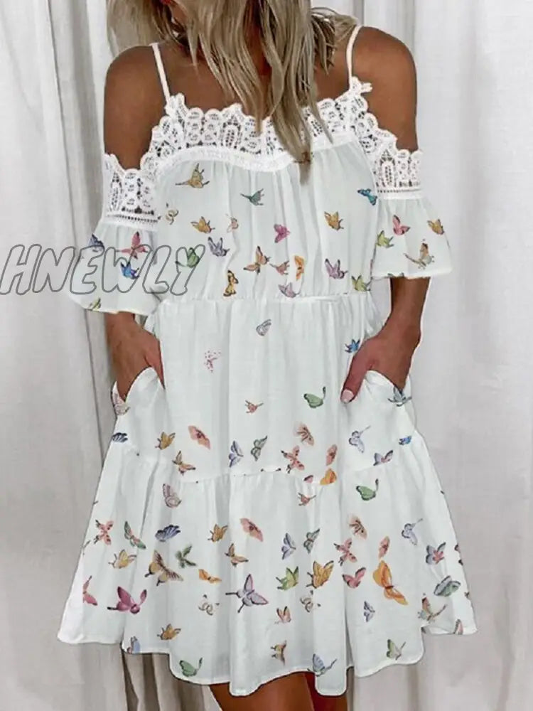 Hnewly Women V-Neck Short Sleeve Ruffles Mini Dresses Elegant White Color Embroidery Lace Mesh